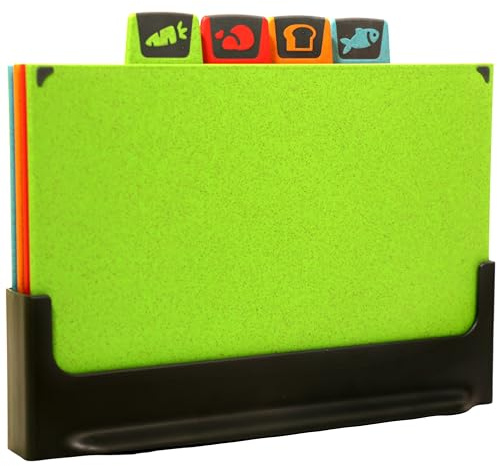 Chopping Boards Set with Stand (UK Company) – 4 Pcs Colour Coded Cutting Boards for Kitchens, Non-Slip Reversible BPA-Free Wheat Straw Plastic, Dishwasher Safe (Green | Red | Orange | Blue)