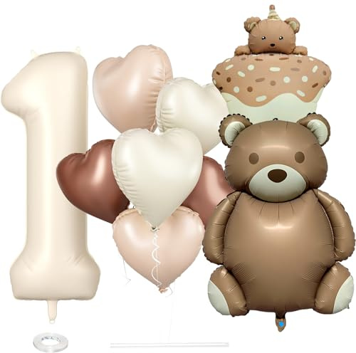 Whimzey XXL Bär Luftballon 1. Geburtstag Junge Mädchen,9 Stk Bären Ballons Geburtstagsdeko 1 Jahr,Herz Ballon Deko 1 Geburtstag, Luftballons Bären Erster Geburtstage,Geburtstagsdeko Bär 1 Folienballon