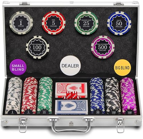 Petjirohot 300PCS Chips Professional Poker Chip Set with Aluminum Case, 11.5 Gram Composite Clay Chips, 2 Decks of Cards, 5 Dice & Dealer Button - Perfect for Texas Holdem, Blackjack, Casino Night