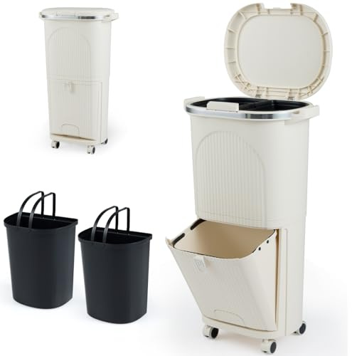 TANGZON Recycling Bins, 38L/43L Trash Can Garbage Bin with 3 Compartments, Wheels, Retractable Pedal, Handles & Stickers, 2 Tier Vertical Waste Separation System for Home Kitchen (Beige, 38L, 1 Lid)