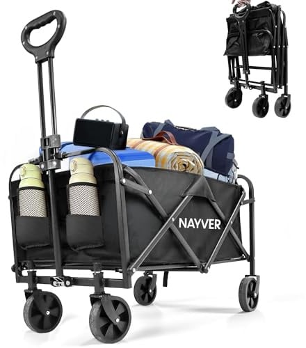 NAYVER Faltbarer Bollerwagen Camping Trolley Handwagen | Bis 80kg Tragkraft, 60L Volumen, 360° Rädern, 600D Oxford & Stahlrahmen, Für Camping, Angeln & Festivals