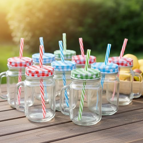 ideoon Retro-Trinkgläser mit buntem Deckel, Henkel und Trinkhalm: Ein 12er Set für Limonade, Eistee, Cocktails & Smoothies – Vintage-Style