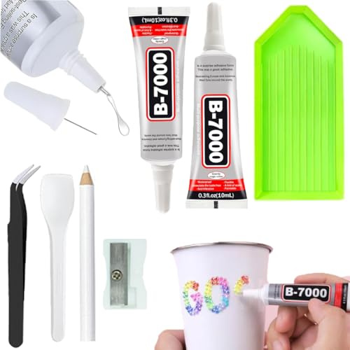 CUKUNAL 2 Pcs 10ml B7000 Rhinestone Glues with Tool Kit | 20ml B7000 Glues for DIY Bedazzling kit with Pick-up Pen, Tweezers, Green Little Tray, Scoop and Pencil Sharpener and Box