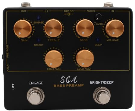 Yechiry Bass Preamp Effektpedal, 18V Studio Grade med 4 Band EQ, 1/8 Tum Aux In Hörlursutgång för Basgitarr
