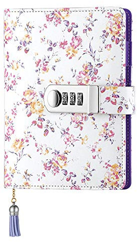 JunShop Floral Password Diary with Lock A6 Refillable Locking Journal PU Leather Combination Locked Diary Journal (Purple)