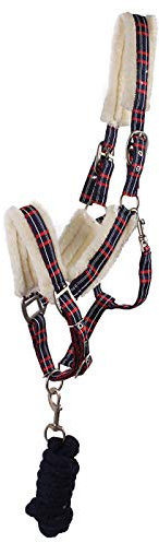 QHP Halfter-Set kariert mit Kunstfell Halfter + Strick Nylon mit Tasche (Vollblut, Marine)