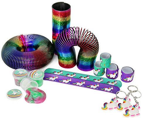 com-four® 15-teiliges Mitgebsel Set mit Einhorn Motiven für Kindergeburtstage bestehend aus Schnapparmband, Schlüsselanhänger, Schleim und Regenbogen-Spirale (015 teilig)
