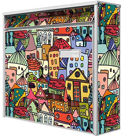 banjado® Burg-Wächter® Briefkasten mit Motiv Funky Town/Briefkasten ohne Zeitungsfach 32x36x10 cm groß/Briefkasten mit Namensschild A4 Einwurf inkl. Montagematerial & 2 Schlüsseln