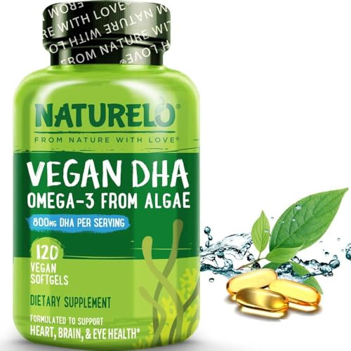 NATURELO Vegan Omega-3 DHA from Algae | 120 Softgels | 2 Months | Algal DHA, Plant-Based | The Source Fish Get It From | Vegan Softgels | Two a Day