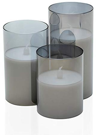 Pauleen 48026 Classy Smokey Candle Set de 3 velas LED de cera auténtica con llama titilante en un vaso antracita/blanco plástico/espejo, 3 unidades