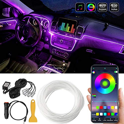 Car LED Interior Strip Light, 16 Million Colors 5 in 1 with 236 inches Fiber Optic, Multicolor RGB Sound Active Automobile Atmosphere Ambient Lighting Kit - Wireless Bluetooth APP Control