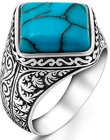 Massives 925 Sterling Silber Traditionelles Design Türkis Stein Türkischer Herrenring Metall Türkis, 925er-Sterlingsilber, Metall, Türkis