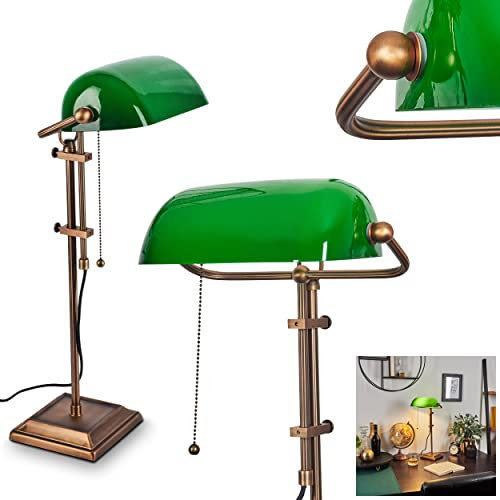 Lámpara clásica de banquero, lámpara de table/mesa retro de metal en color bronce, pantalla de cristal en verde, E27, para oficina y escritorio, cable de tracción para encender/apagar, sin bombilla