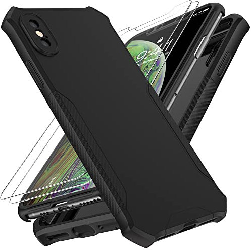 ORETECH 360° Protective for iPhone X Case, iPhone Xs Case and [2 x 9H Glass Screen Protectors] [Full Body Shockproof] Hard PC Front with Silicone Hybrid Cover for iPhone 10 Phone Case - Space Black