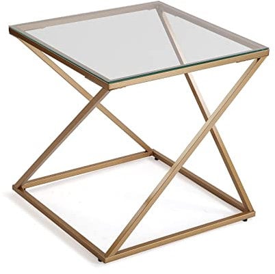Versa Trento Mesa Auxiliar para el Salón, la Habitación o la Cocina. Moderna Mesilla Baja, Medidas (Al x L x An) 51 x 51 x 51 cm, Cristal y Metal, Color Dorado