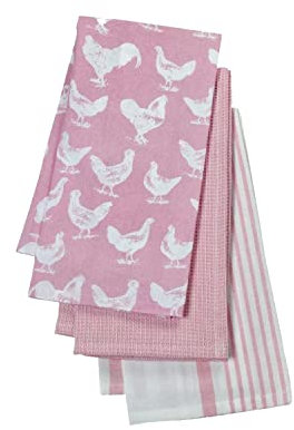 Auntie Morags Eddingtons The Pantry Hen & Cockerel Pink Tea Towels - Set Of 3