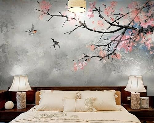 Fresh Beautiful Cherry Blossom Handgemalte Vögel und Blumen 3D Tapeten Home Esszimmer Fototapete Effekt Wohnzimmer Schlafzimmer Kinderzimmer-200cm×140cm