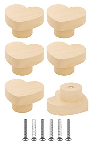 Zepolu 6 Stück natürliche Herzform Holz Schrankknäufe Ziehgriffe 3 cm Durchmesser, handgefertigte Holz-Schubladenknöpfe und Schrauben für Boho-Möbel, Kommodengriffe, Hardware, Ziehgriffe,