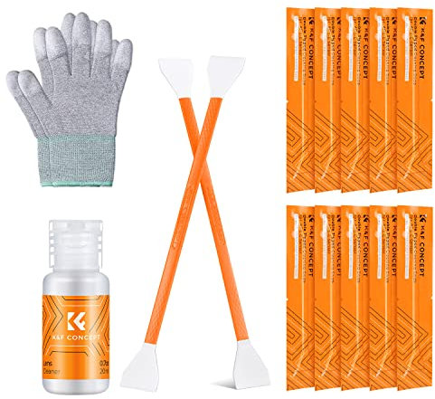 K&F Concept Sensor Reinigungsset mit Mikrofaser Swabs 16mm*10pcs und 20ml Flüssig-Reiniger für APS-C Kameras und Handschuhe, 3-in-1 Reinigungs Kit für DSLR Kamera Objektive Filter Handys