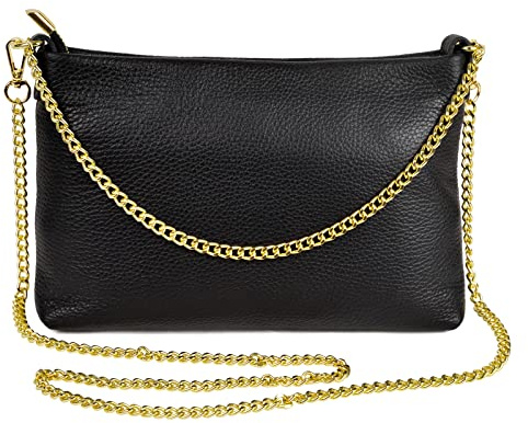 Dasein Italienische Handtasche aus echtem Leder für Damen, Clutch, Abendtasche, Goldkette, Schultertasche, Crossbody-Tasche, Schwarz, 10L x 7H x 1.5W
