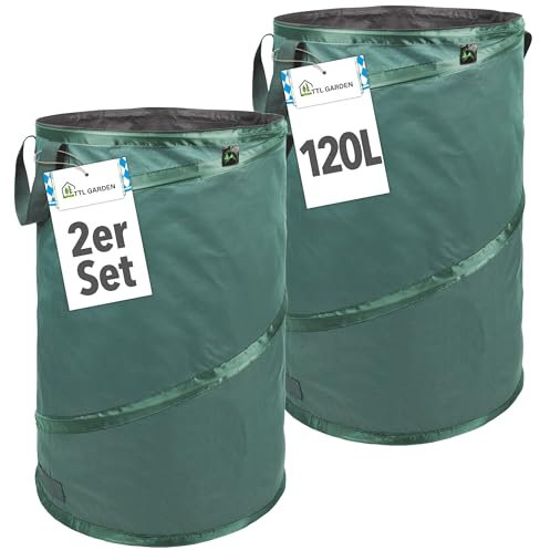 TTL Garden 2x 120L Premium Pop Up Gartensack - 220gsm 600D Oxford Gewebe selbstaufstellend robust & wasserfest - 2er Set 120 Liter – Gartenabfallsack Laubsack Sack Gartenschnitt faltbar