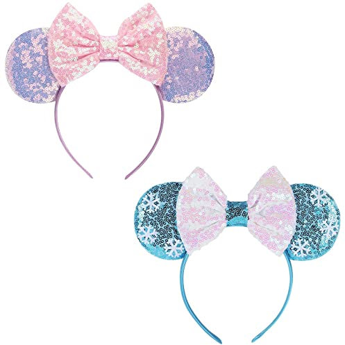 Mouse Ears Stirnbänder Haarreif roter Schleife und weißen Punkten & Maus Ohren in schwarz für Kinder und Erwachsene Geburtstag Baby Shower Valentine's Day Halloween Christmas (Blau und Lila)