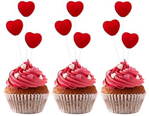 Gyufise 20Pcs Valentines Love Heart Cupcake Toppers Red 3D Heart Happy Valentines Day Cupcake Picks for Valentine's Day Theme Wedding Bridal Shower Birthday Party Cake Decorations Supplies S