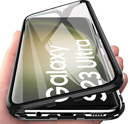 Orgsty Hülle für Samsung Galaxy S23 Ultra, Magnetische Hartglas Hülle mit Vorderseite und Rückseite, Metallrahmen Case mit Eingebaut Magnet, Ultra Dünn 360 Grad Handyhülle, Schwarz
