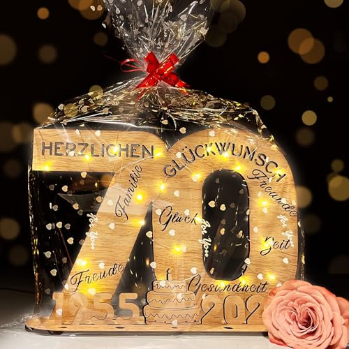 YUNLI Holz-Schild Gästebuch, 70 Geburtstag Frauen & Männer, Geburtstag Jubiläum mit LED Lichterkette und Cellophantüten, 2025 Holzschild Gästebuch Geburtstag, Geburtstagszahlen 70 Jahre Tischdeko