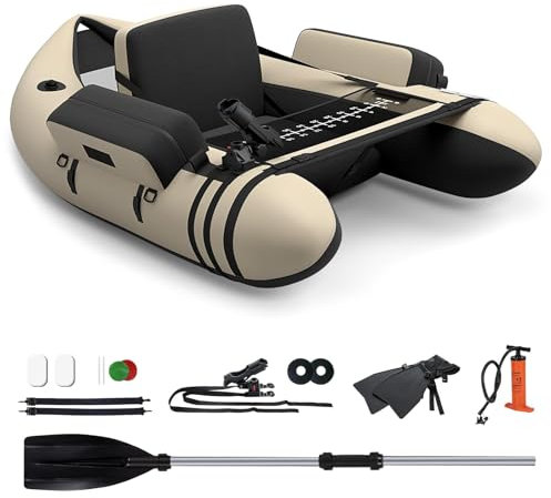 GYMAX Bateau Gonflable de Pêche 1 Place, Canot Pneumatique avec Dossier Ajustable, Pagaie en Aluminium, Pompe, Sangles Réglable, Kayak de Pêch avec Capacité de Charge 160 KG (Beige)