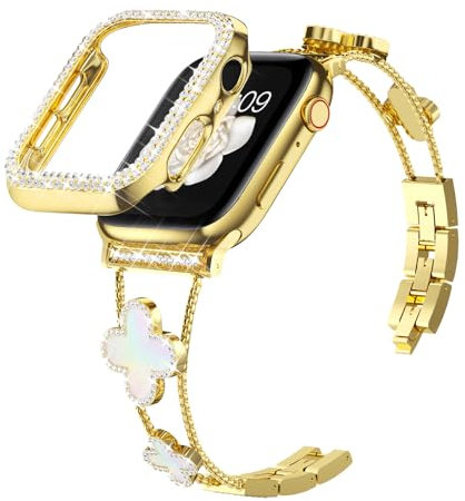 La correa de metal de diamante añade brillo a tu reloj. Compatible con Apple Watch Band y funda Series 8/7/SE/6/5/4/3/2/1. El trébol es simple y elegante, adecuado para mujeres de tamaño 41 mm, 45 mm,