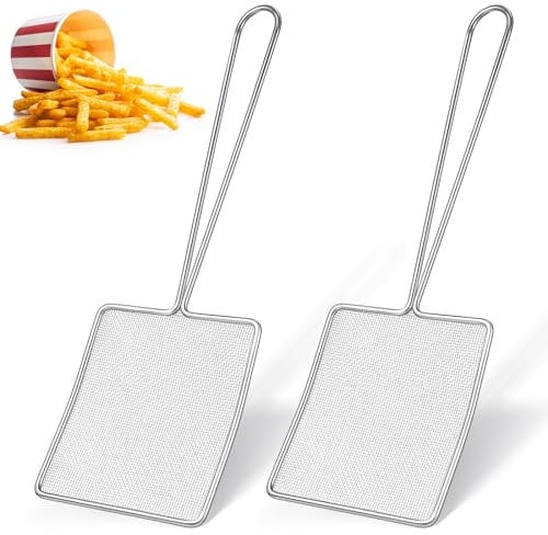 Mumufy 2 Pcs Square Fine Mesh Skimmer Spider Strainer Oil Skimmer for Deep Fryer Frying Scoop Stainless Steel Spider Strainer with Long Handle for Kitchen Swimming Pools Fried Food (5 x 6 Inch)