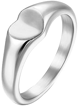 PAMTIER Damen Edelstahl Herz Siegelring Minimalistisches Statement Ehering Kleiner Finger Ringe Silber Größe 60