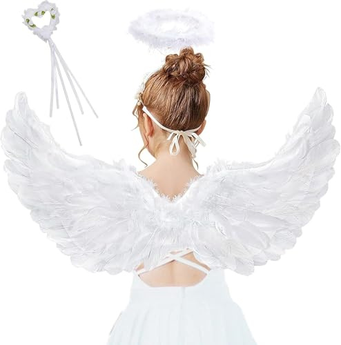 Engelsflügel Weiß, 3 Stück Engelsflügel Kostüm, 60 cm Engel Flügel mit Engel Haarreif und Zauberstab Teufel, Kostüm Damen Engel, Party Fasching Kostüme Deko Kostümparty