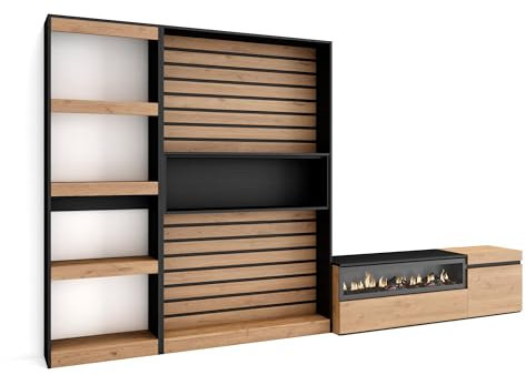Skraut Home | Ensemble Meuble TV | Meuble Salon Complet | 320x186x35cm | Cheminée électrique | Style Moderne | Chêne et Noir