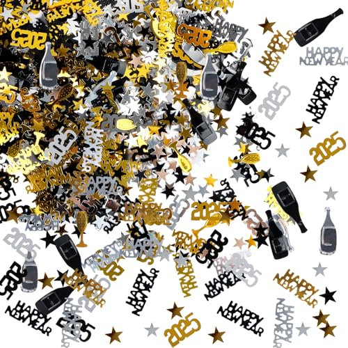 Tischdeko Happy New Year 2025, 1000 Stück Konfetti Gold Schwarz, Streudeko Silvester Deko, Dekoration für Neujahr Partygeschenke