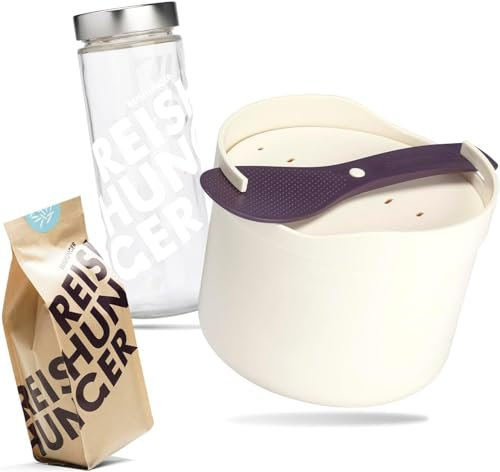 REISHUNGER Starter Set Mikrowellen Reiskocher (1,7 l) - weiß - Für perfekt gegarten Reis in nur 12 Minuten - Spülmaschinengeeignet inkl. 3 Sorten Reis & Reisglas