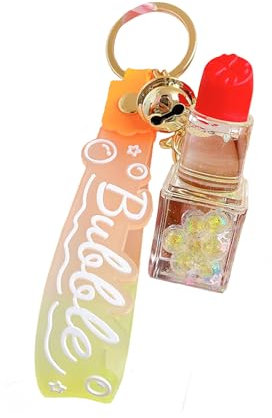 ZDHC Lippenstift-Schlüsselanhänger mit Flüssigkeit, kreativ, schwimmend, Bubble Tea, Treibsand, Schlüsselanhänger, Autoschlüssel, Tasche, Rucksack, Anhänger für Mädchen und Frauen, gelb, One size