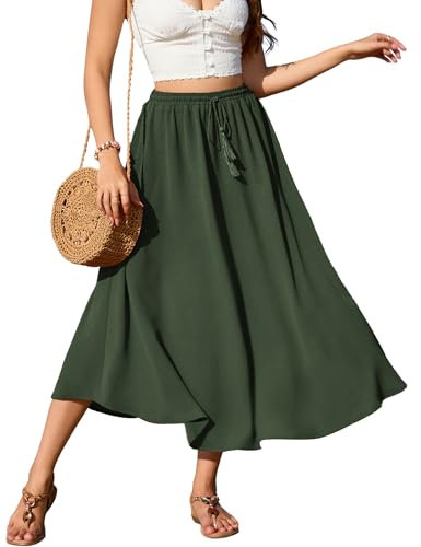 Zeagoo Maxirock Damen Lang Hohe Taille Röcke Elegant Rock Grün A-Linie Mesh-Rock Mit Kordelzug Casual Midi Freizeitrock Einfarbig Rock