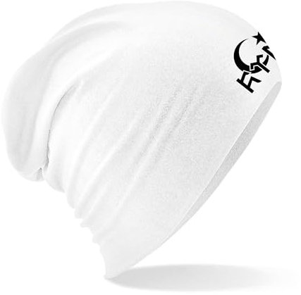 Beanie Mütze mit Göktürk Türk Bozkurt für Herren Damen und Kinder Unisex warm schwarz weiß rot Navyblau grau (DE/NL/SE/PL, Alphanumerisch, Einheitsgröße, Weiß)