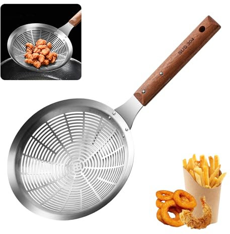 VANDHOME Skimmer Slotted Spoon 10 Inch 304 Stainless Steel Strainer Ladle with Wood Handle, Kitchen Spider Pasta Strainer for Chefs Cooking Draining and Frying (wooden handle)