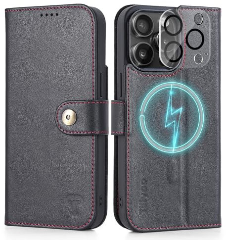TILIYOO Leather Case with Magsafe for iPhone 15 Pro Max, Top Grain Real Cowhide Folio Purse Case Flip Cover with Card Cash Slots,Button Clip Clasp Magnetic Closure & Kickstand 6.7'',Black