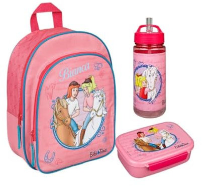 Kindergartenrucksack Bibi & Tina Mädchen mit Brotzeitdose Trinkflasche - Personalisiert mit Name - Set Pferd Kinderrucksack mit Brotdose Trinkbecher