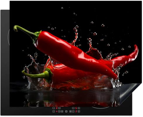 KitchenYeah© Herdabdeckplatte Einteilig Ceranfeld Abdeckplatte Küche Deko Ceranfeldabdeckung Herdabdeckung Induktionsmatte Paprika - Rot - Schwarz - Wasser - Gemüse - 65x52 cm