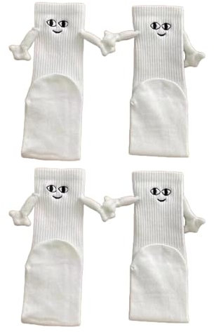 2 Paar Weiß Magnetische Hand in Hand Socken, Lustige 3D, Freundschaftssocken, Magnet, mittlere Röhre, süße mit Smiley-Gesicht, Geschenke für Unisex Erwachsene und Jugendliche