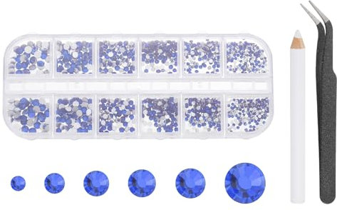 sourcing map Round Flatback Rhinestones Set, 6 Size Glass Flat-back Crystal Diamonds with Tweezers and Picking Pen for Nail Art Makeup Crafts Fabric DIY Decoration, Cobalt Blue