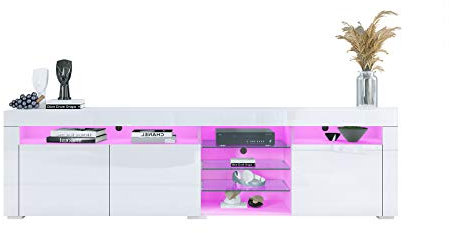 Moderne TV Tisch für Wohnzimmer mit LED Leuchten 3 Türen Lagerung, Hochglanz Weiß Fernsehschrank, TV-Schrank für Wohnmöbel, TV Lowboard 180cm