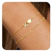 FUNEIA Armband Damen Gold Armband mit Buchstaben Herz 18K Vergoldet Personalisiert Charm Armbänder Set Goldenes Armkette Initiale Wasserfest Schmuck Geschenke für Frauen Teenager Mädchen