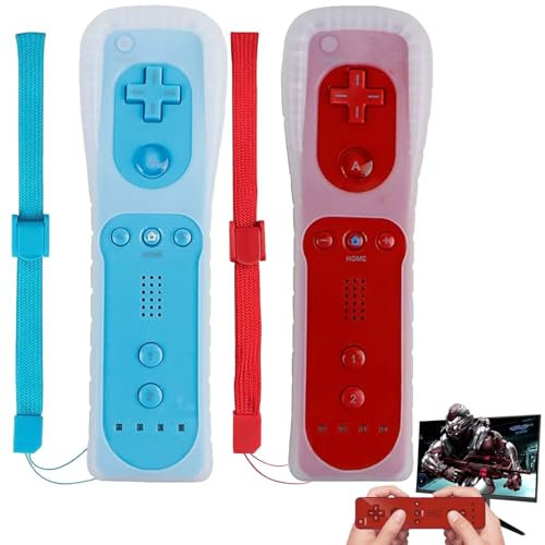 2 Stück Wii Controller, Wireless Remote Gamepad Controller Kompatibel mit Nintendo Wii und Wii U Konsole Wii Controller mit Silikongehäuse und Handgelenksgurt (Rot+Blau)