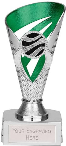 TROPHIESPLUSMEDALS Personalised Silver & Green Trophy Cup - 15cm | Small 6 Award Winner Trophies for Kids School & Adult Sports Reward | Includes Free Metal Plate Engraving | Voyager Collection